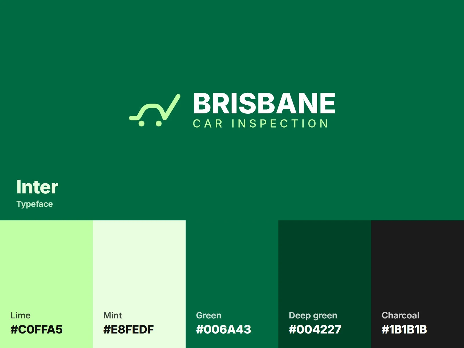 Brisbane Car Inspection brand identity: logo, lime and green palette, Inter type