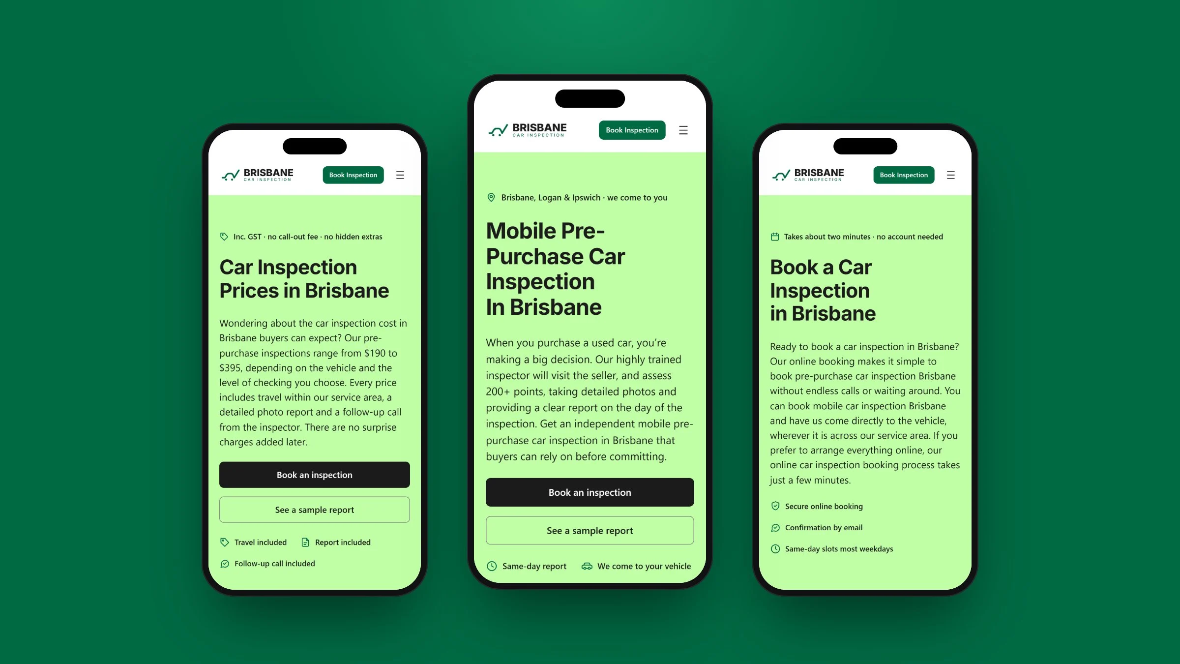 Brisbane Car Inspection on mobile: pricing, home and booking pages