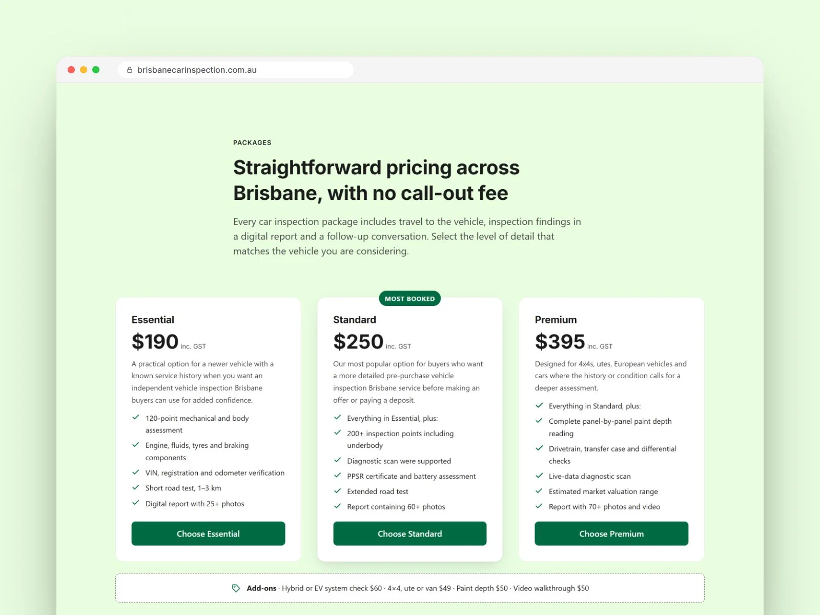 Brisbane Car Inspection pricing section with three inspection packages and add-ons
