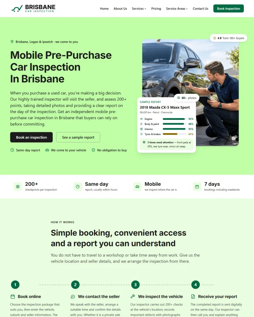 Web design Brisbane example: the Brisbane Car Inspection home page, designed and built by RapiX Solutions