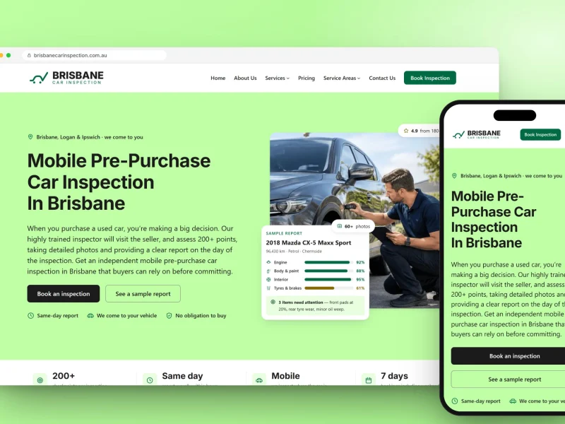 Car inspection website design for Brisbane Car Inspection, on desktop and mobile, designed and built by RapiX Solutions