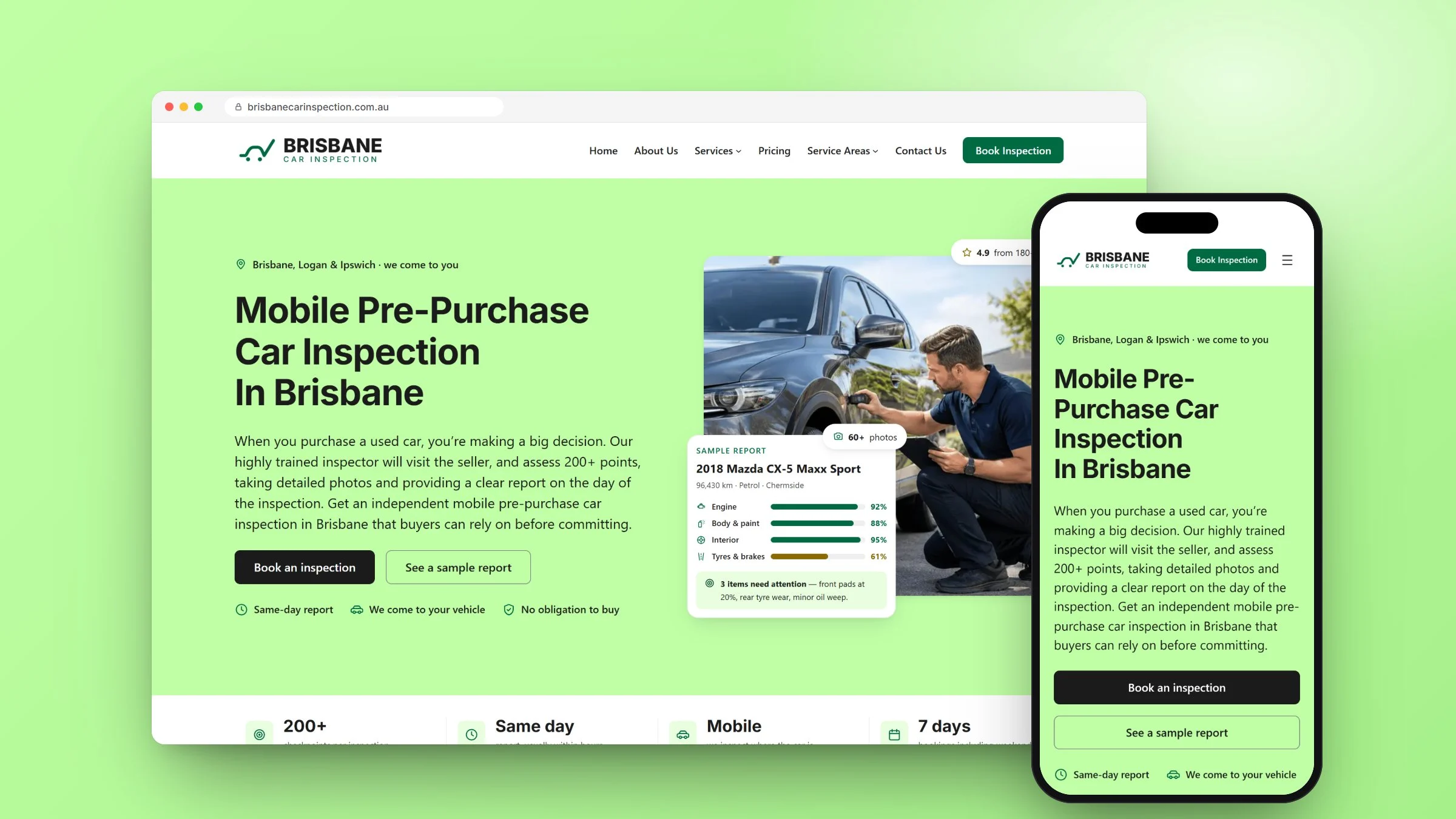 Car inspection website design for Brisbane Car Inspection, on desktop and mobile, designed and built by RapiX Solutions