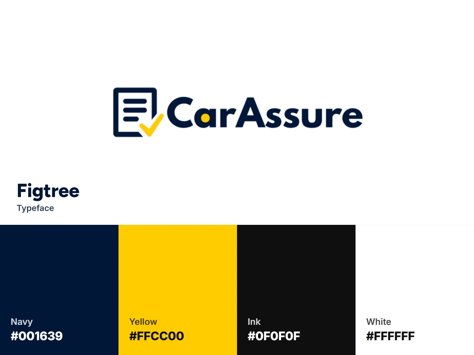 CarAssure brand identity: logo, navy and yellow palette, Figtree type