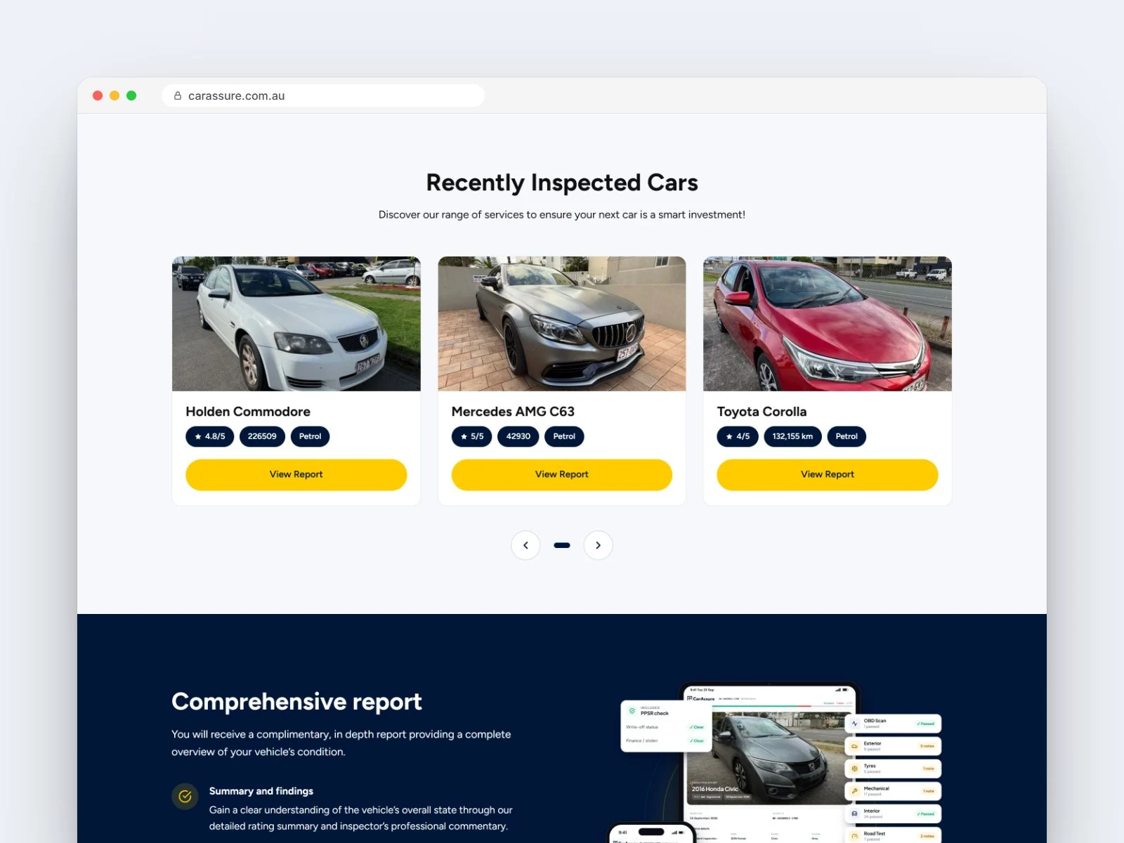 CarAssure recently inspected cars and the full report section