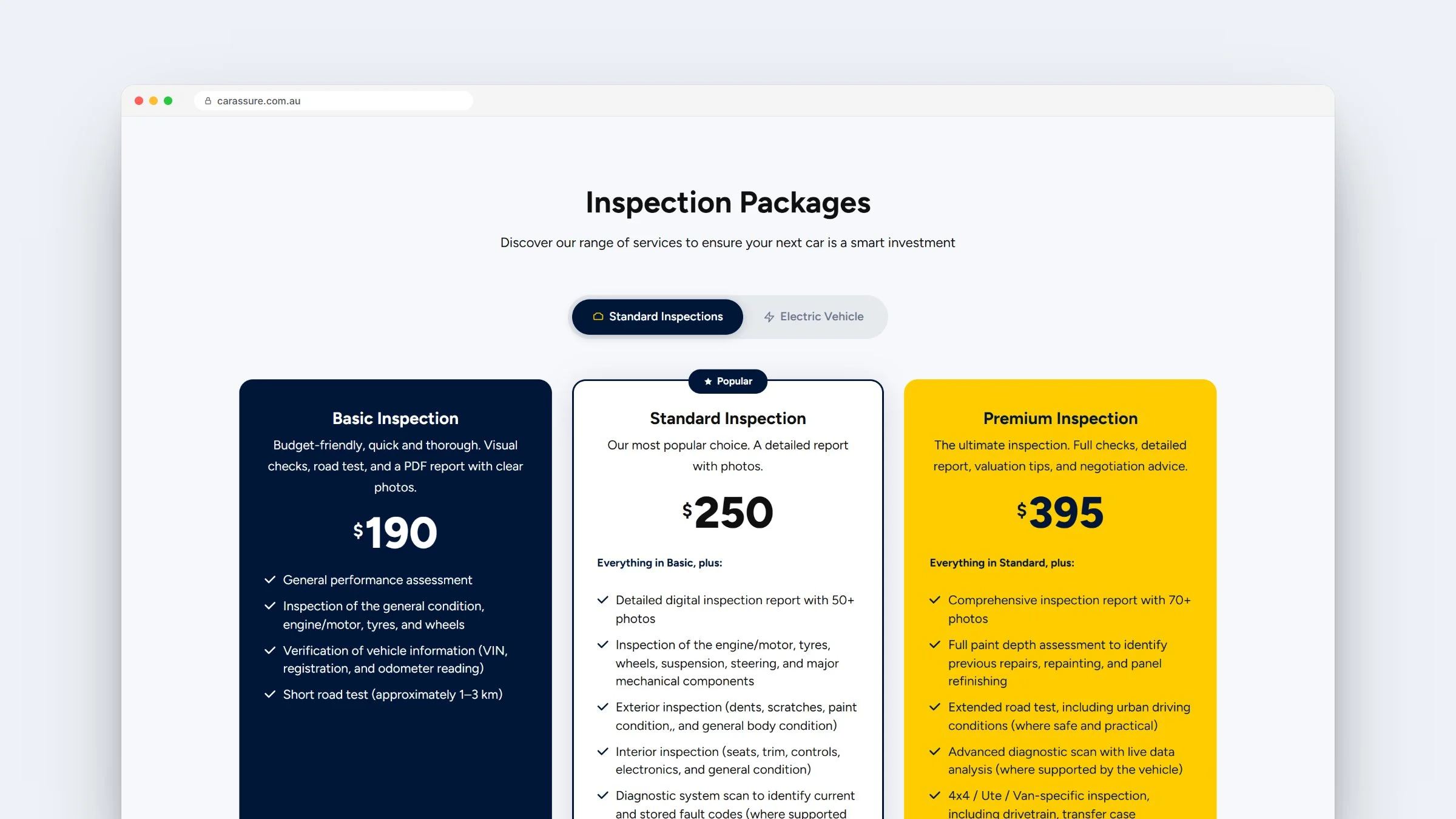 CarAssure inspection packages, with a switch between standard and EV inspections