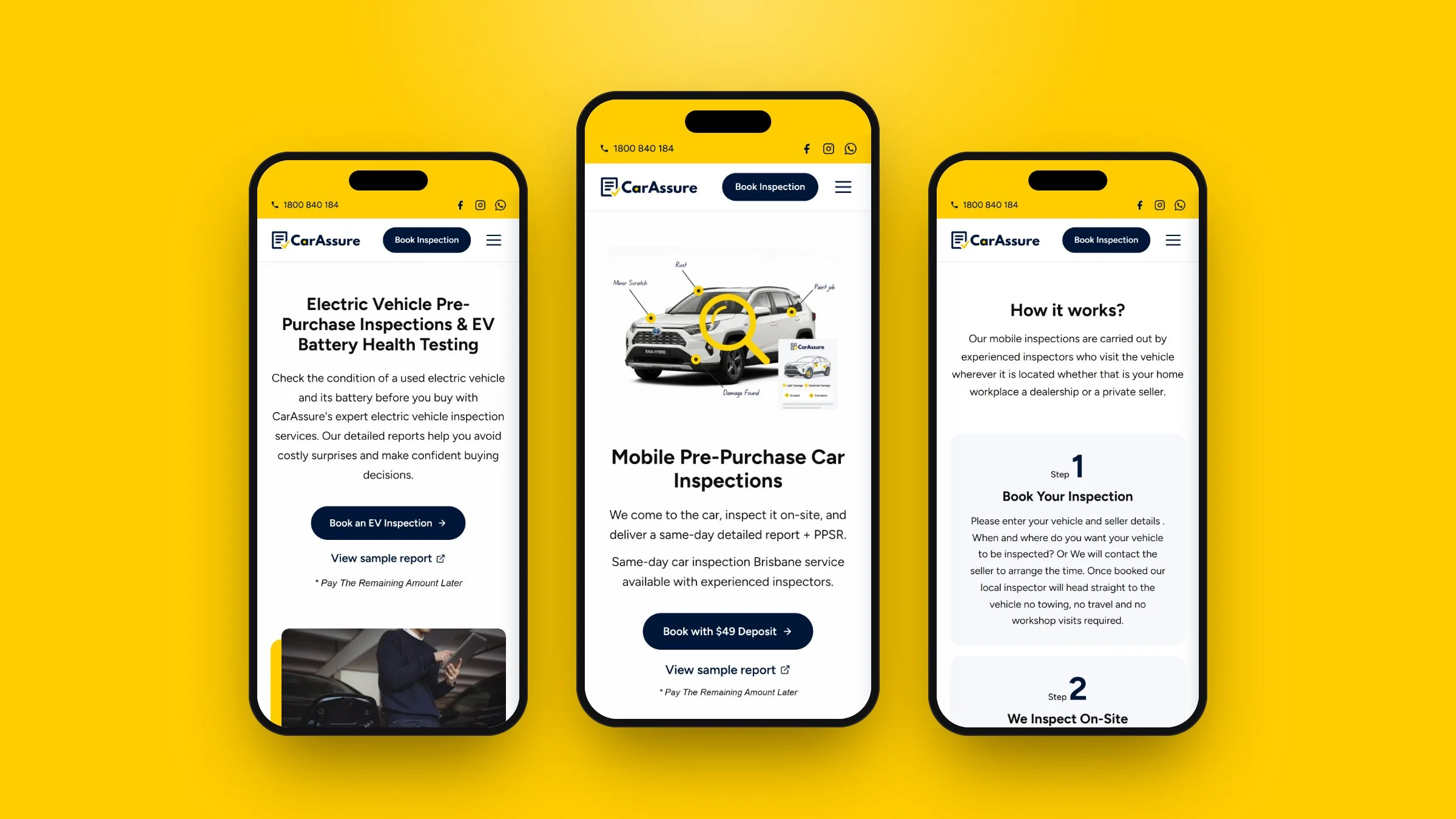 CarAssure on mobile: EV inspection, home and how-it-works pages