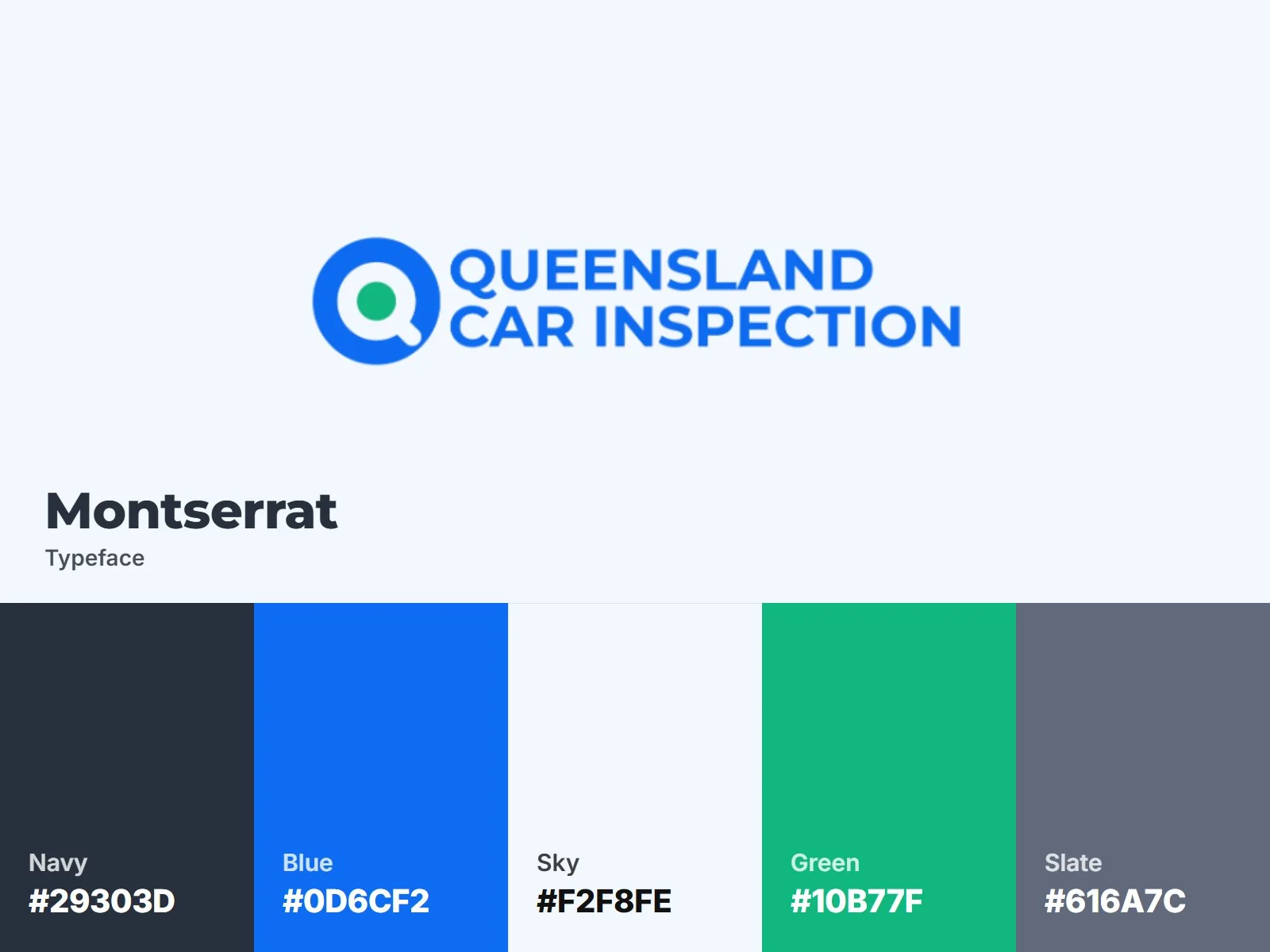 QLD Car Inspection brand identity: logo, blue palette and Montserrat type
