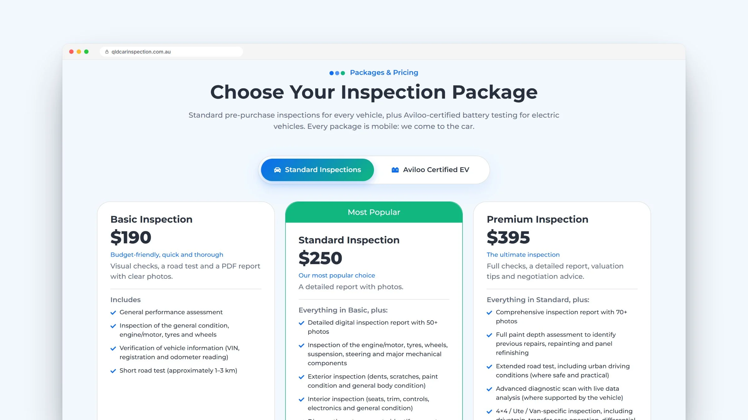 QLD Car Inspection EV inspection packages, with a switch between standard and battery-tested inspections