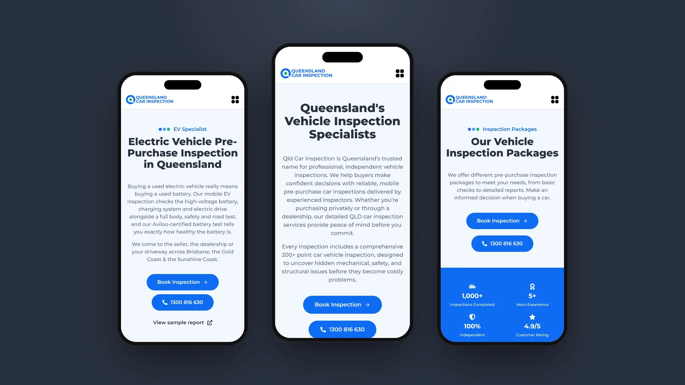 QLD Car Inspection on mobile: EV inspection, home and packages pages