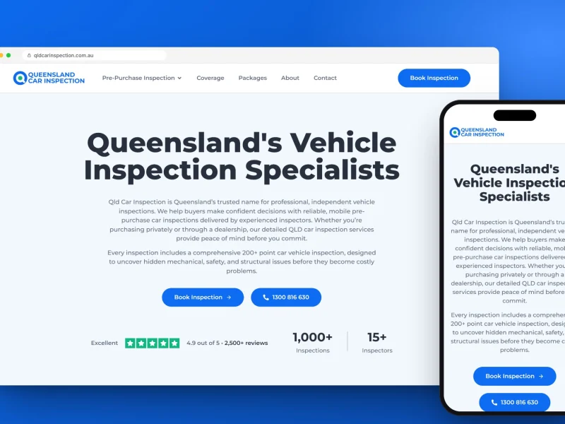 Elementor website design for QLD Car Inspection, on desktop and mobile, designed and built by RapiX Solutions