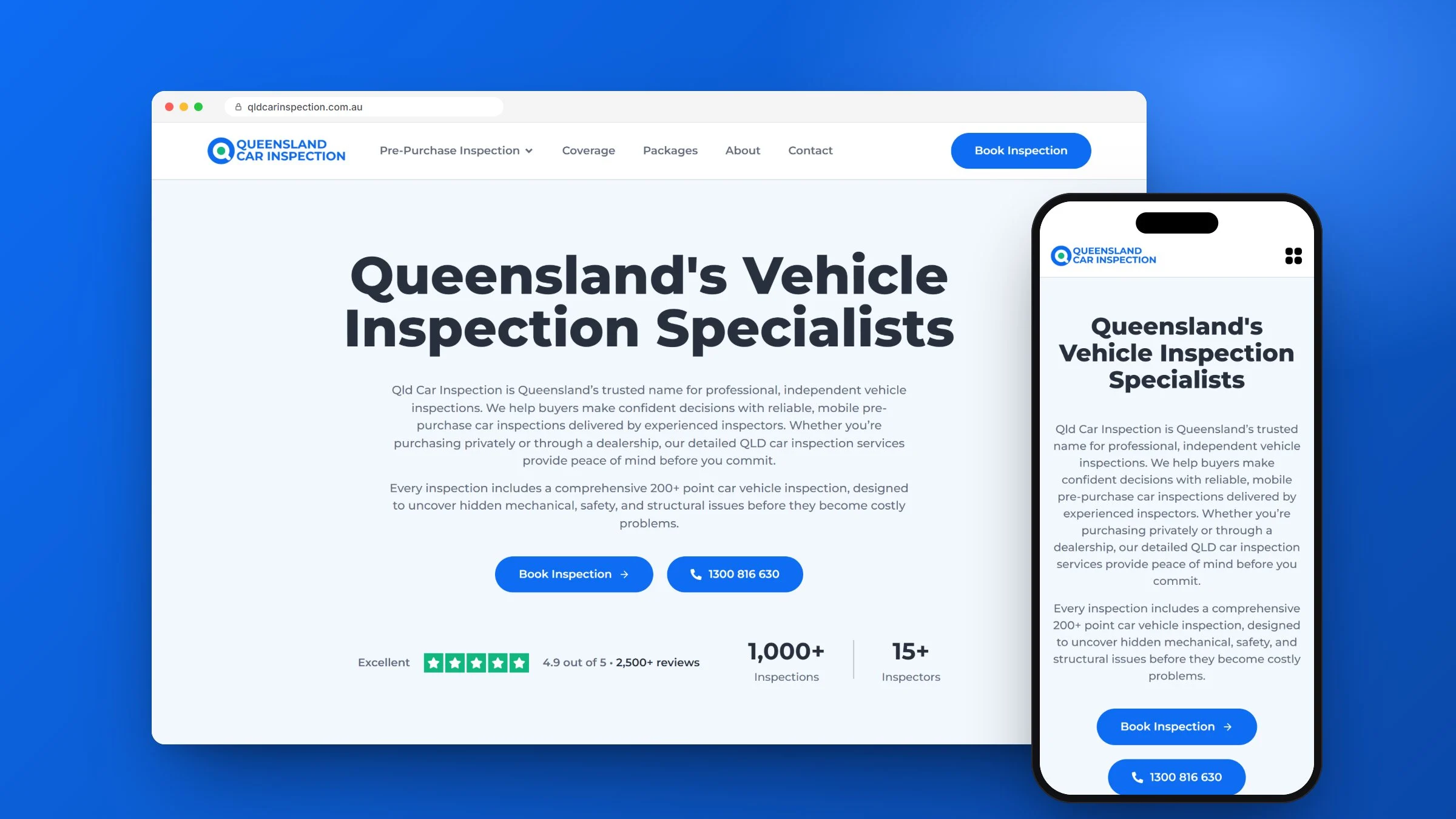 Elementor website design for QLD Car Inspection, on desktop and mobile, designed and built by RapiX Solutions