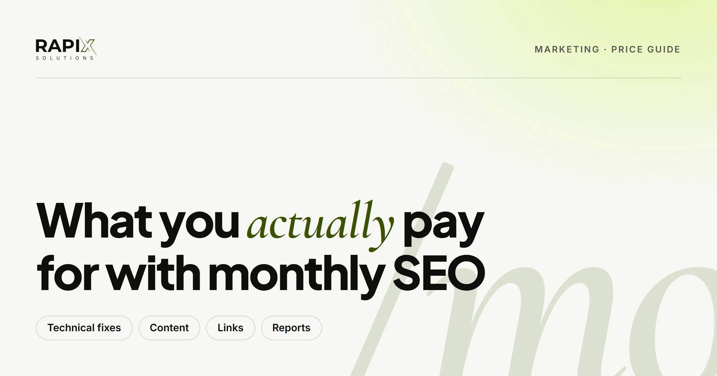 SEO cost per month guide cover: technical fixes, content, links and reports