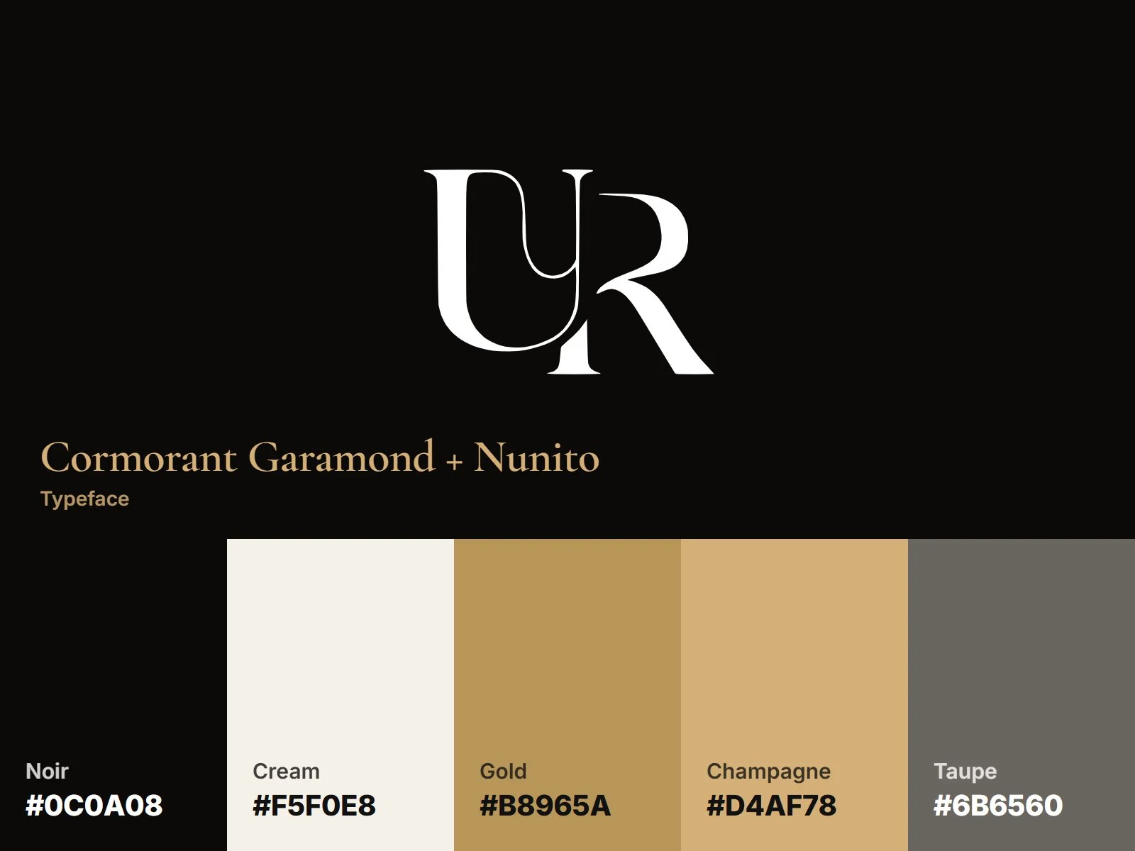 UR Perfumes brand identity: UR monogram, black, cream and gold palette, Cormorant Garamond and Nunito