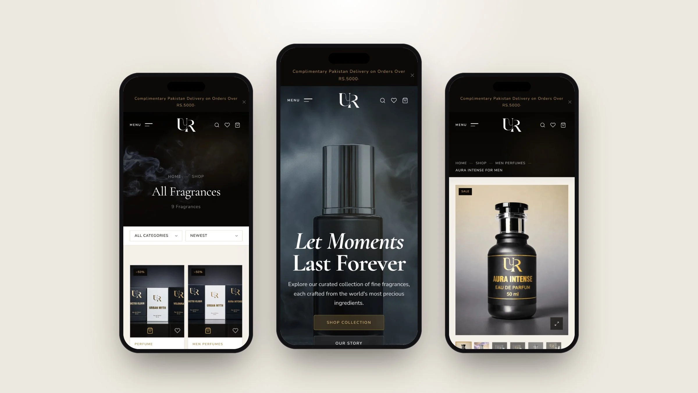 UR Perfumes on mobile: shop, home and product pages