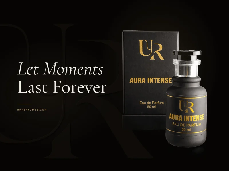 UR Perfumes WooCommerce store design: the Aura Intense bottle and box with the line Let Moments Last Forever, by RapiX Solutions