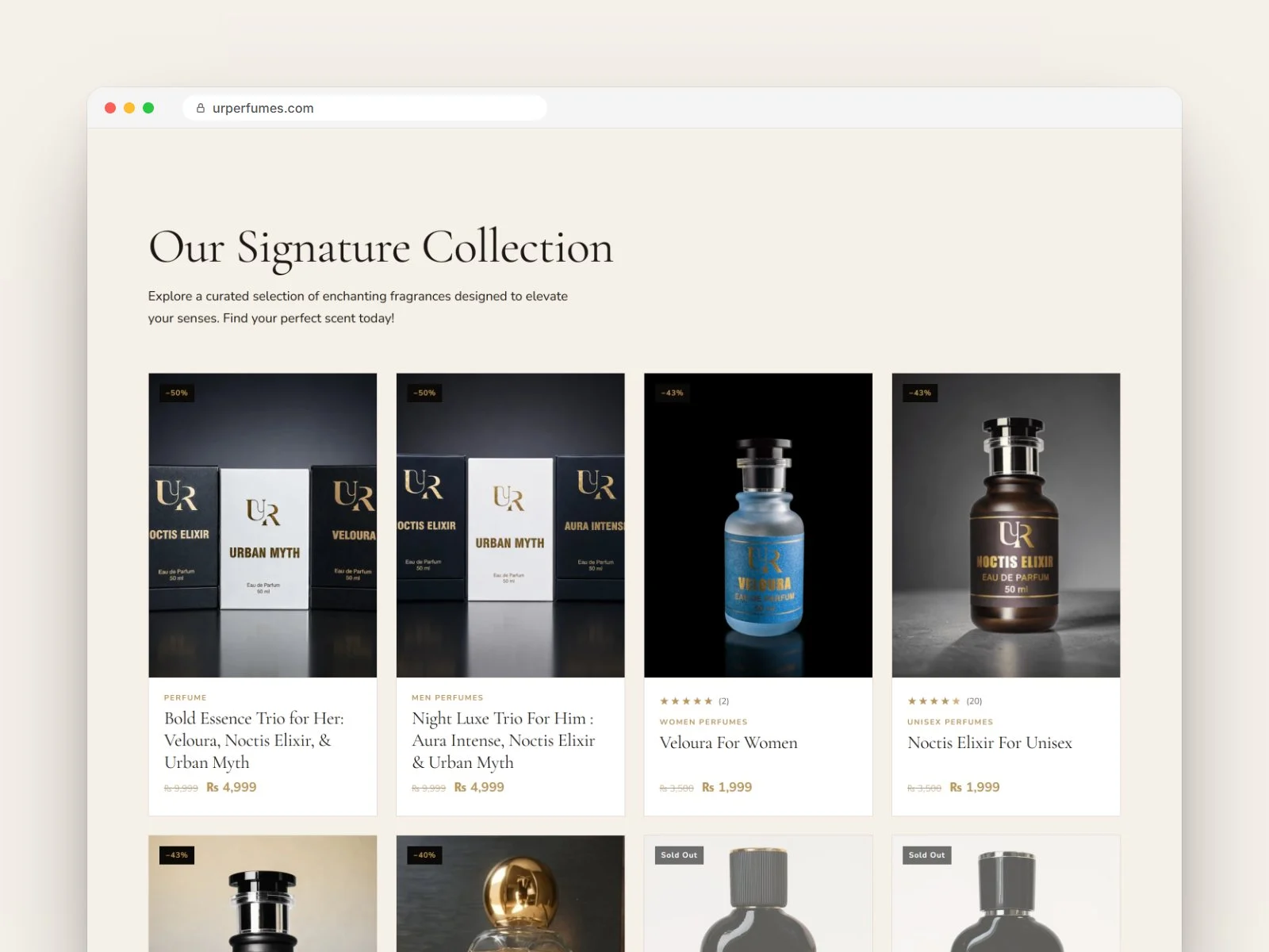 UR Perfumes signature collection on the store home page