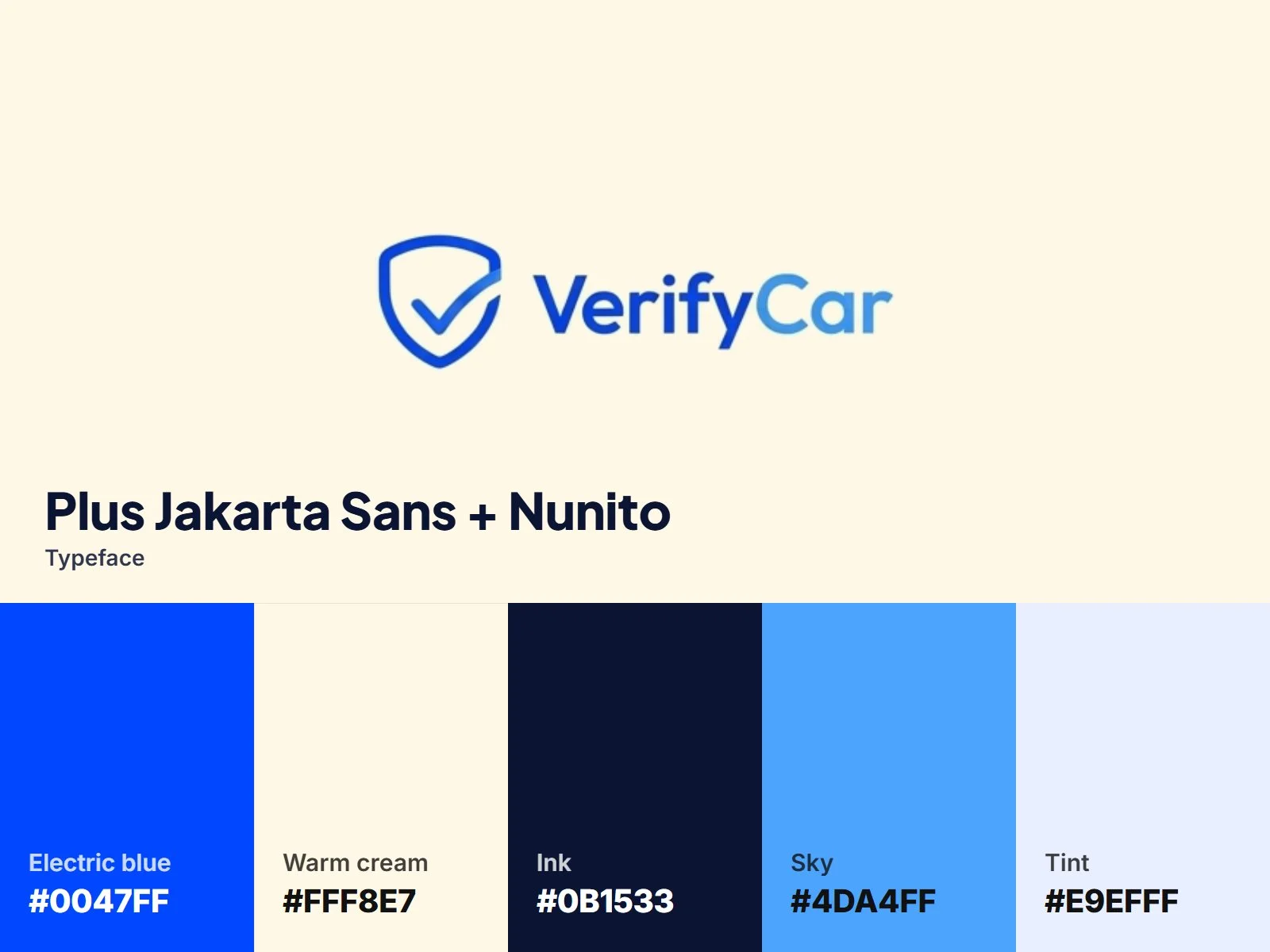 VerifyCar brand identity: logo, electric blue and cream palette, Plus Jakarta Sans and Nunito