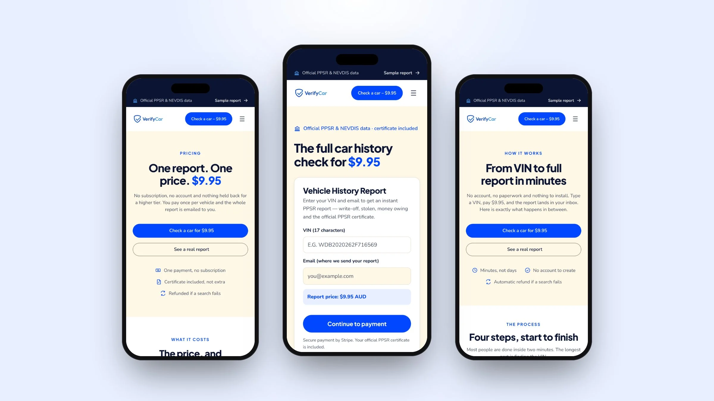 VerifyCar on mobile: pricing, home and how-it-works pages