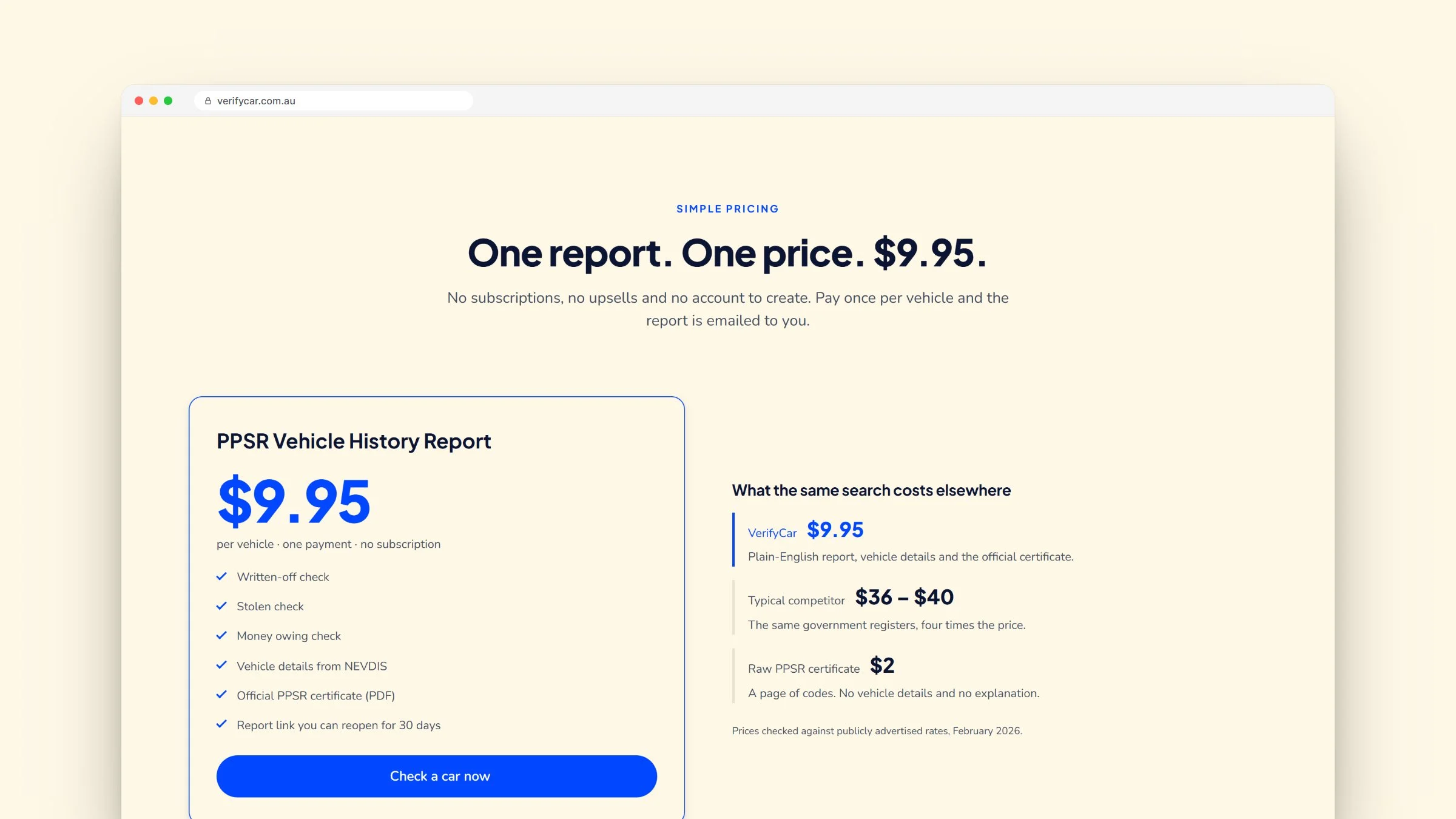 VerifyCar pricing section compared with typical costs elsewhere
