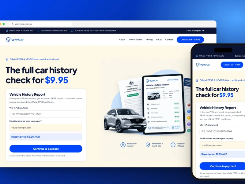 VerifyCar vehicle history report website on desktop and mobile, designed and built by RapiX Solutions