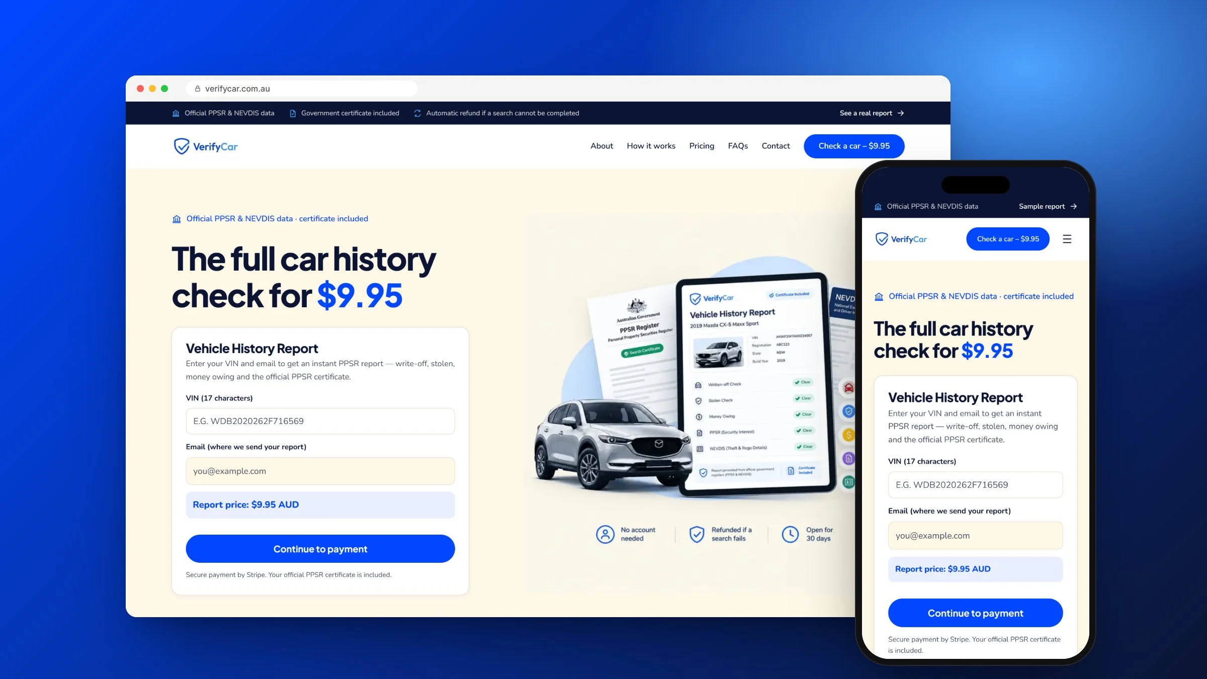 VerifyCar vehicle history report website on desktop and mobile, designed and built by RapiX Solutions