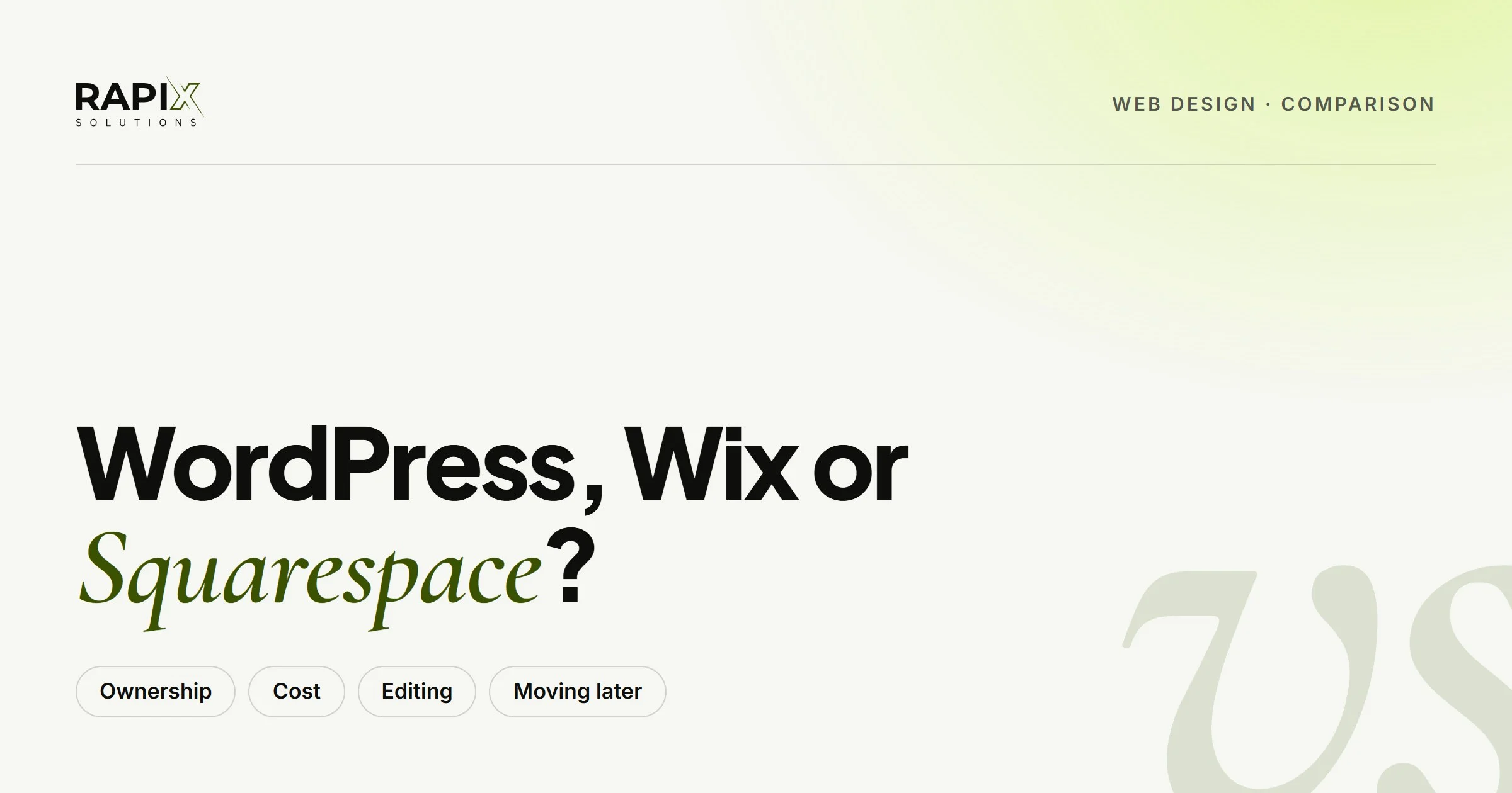 WordPress vs Wix vs Squarespace comparison cover: ownership, cost, editing and moving later