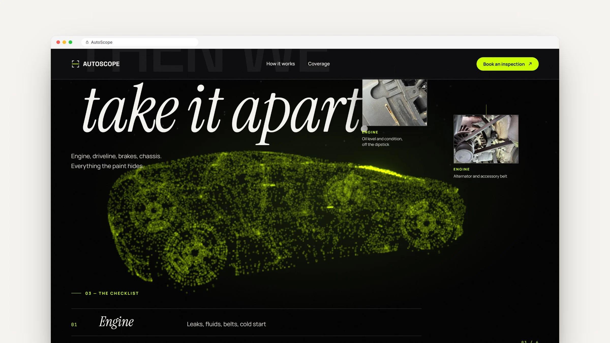 AutoScope 3D car broken apart into a point cloud to show the inspection checklist