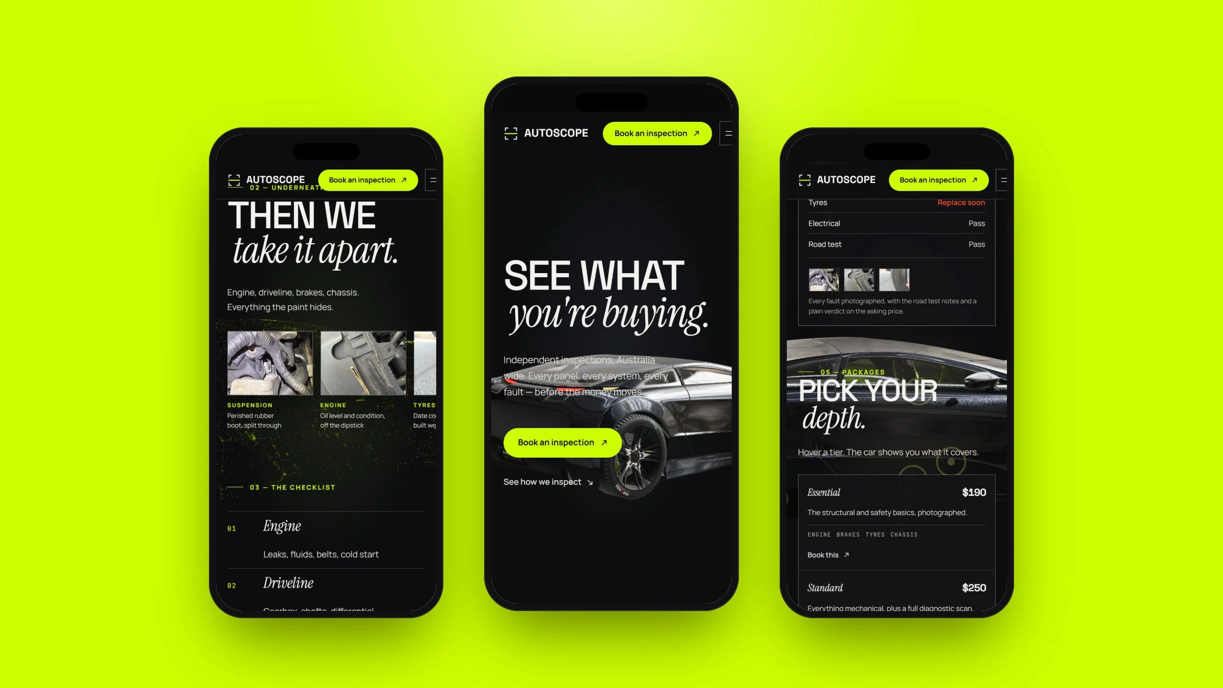 AutoScope on mobile: the checklist, the home screen and the inspection packages