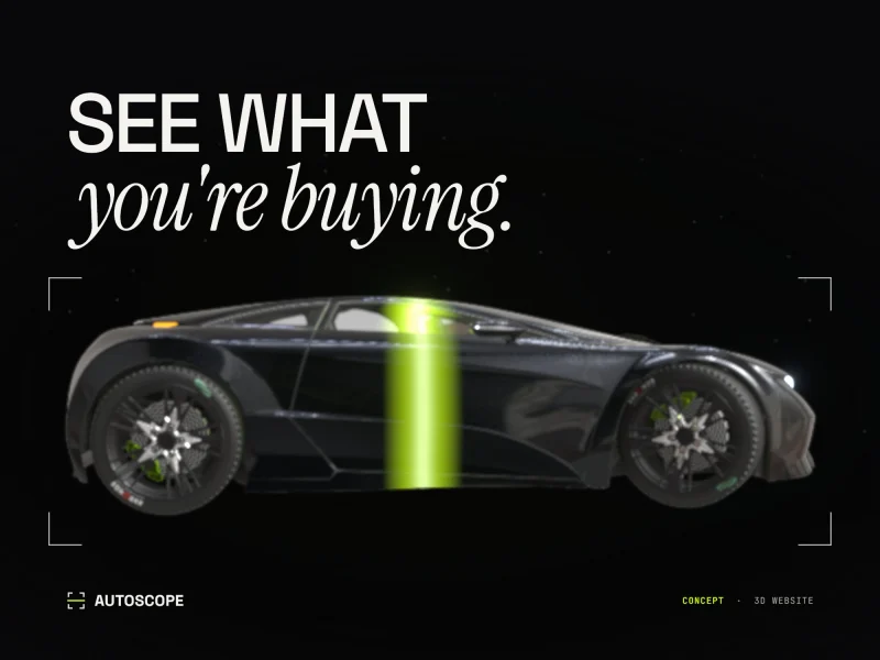 AutoScope concept: the 3D car side on, mid-scan inside a viewfinder, under the line See what you're buying, 3D website design by RapiX Solutions