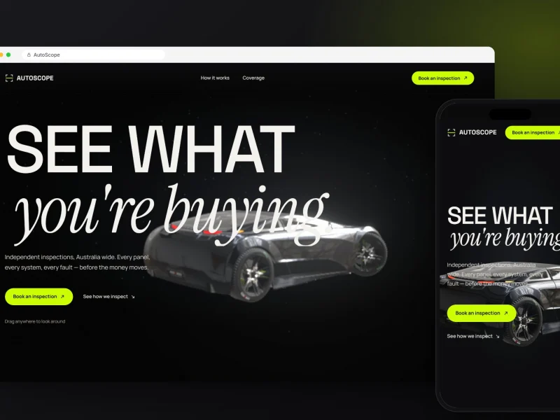 AutoScope concept: 3D website design for a car inspection brand, on desktop and mobile, designed and built by RapiX Solutions