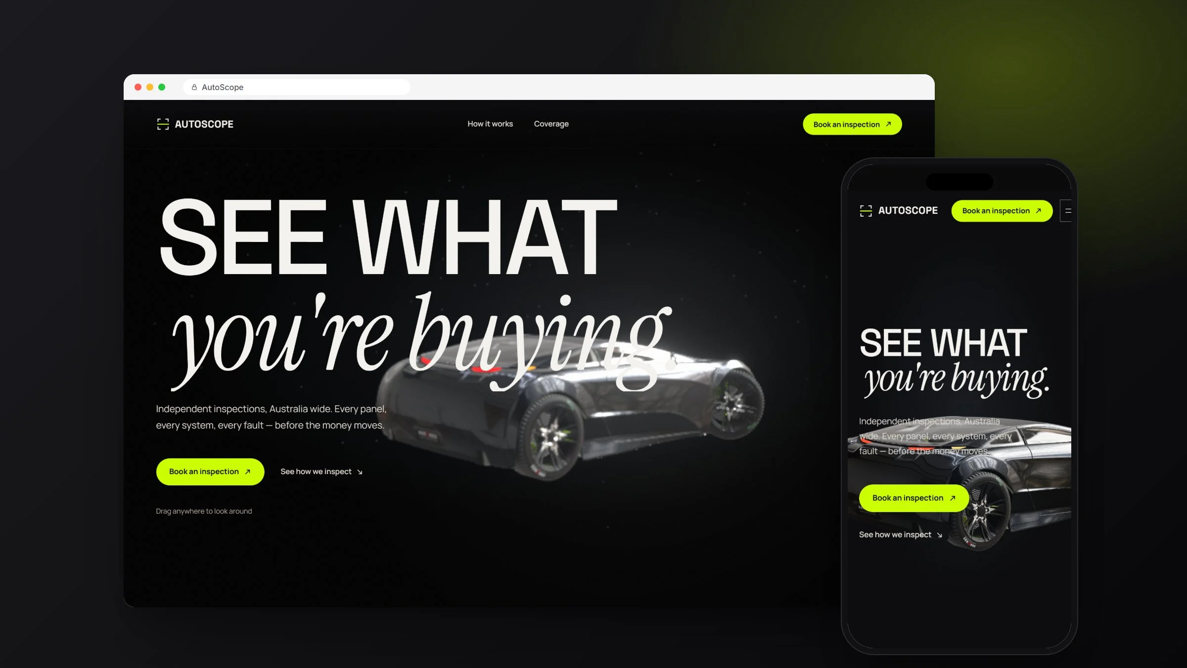 AutoScope concept: 3D website design for a car inspection brand, on desktop and mobile, designed and built by RapiX Solutions