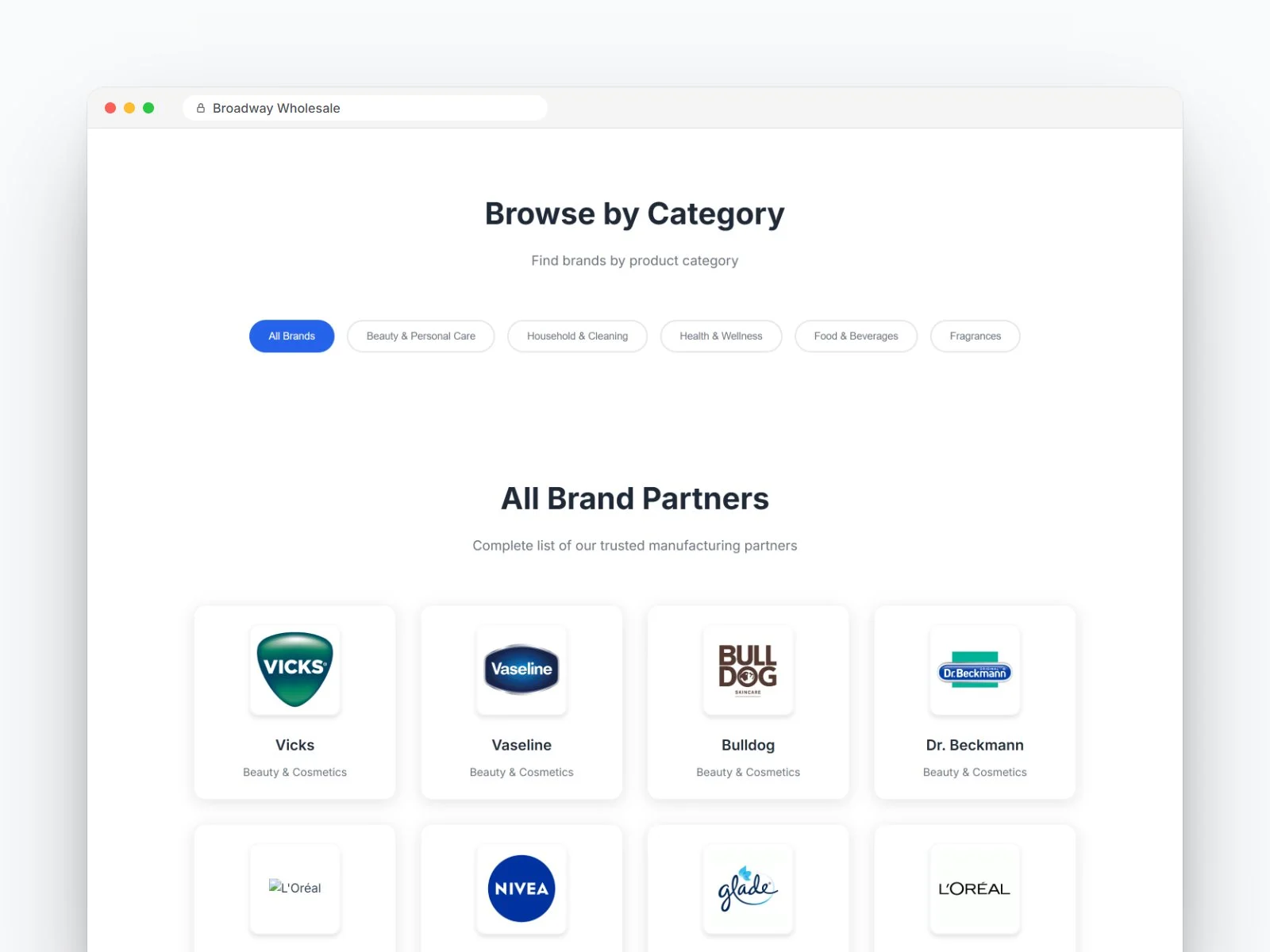 Broadway Wholesale brand directory, filtered by category