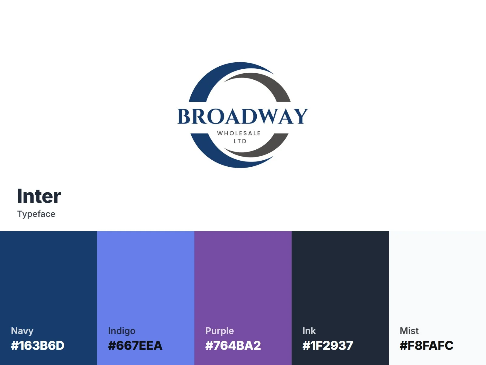 Broadway Wholesale brand identity: circle logo, navy and indigo palette, Inter type