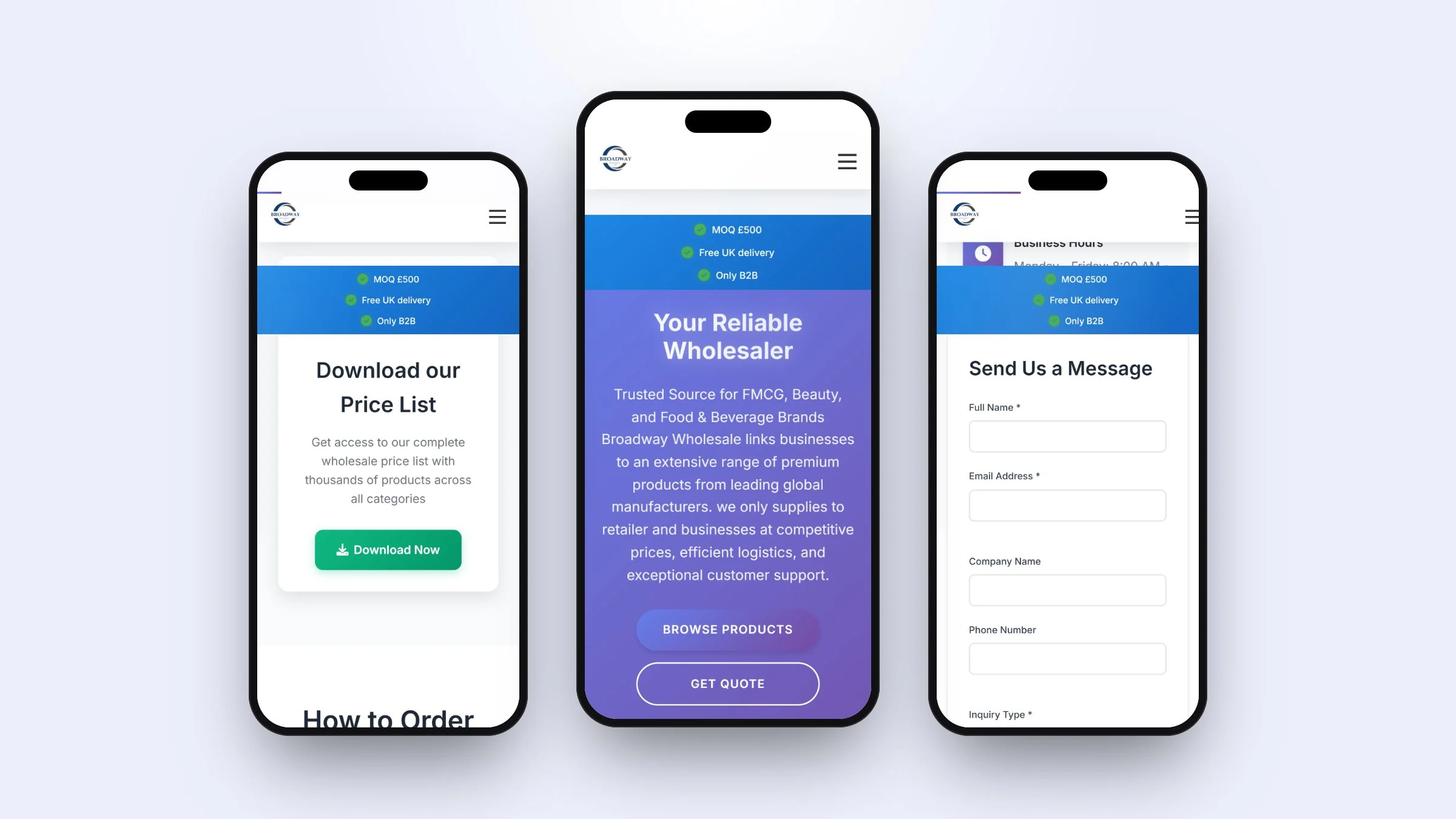 Broadway Wholesale on mobile: the price list, the home page and the contact form