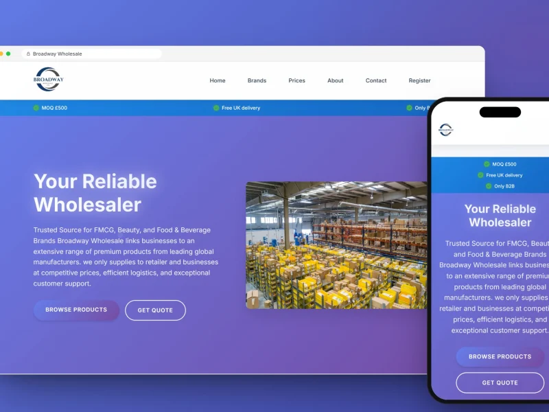 Wholesale website design for Broadway Wholesale, on desktop and mobile, designed and built by RapiX Solutions