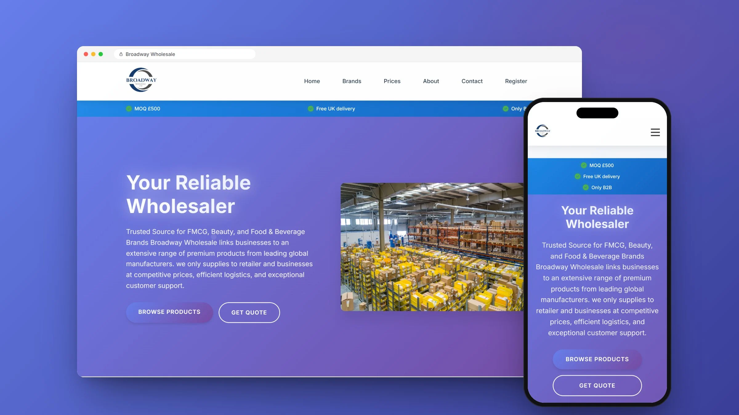 Wholesale website design for Broadway Wholesale, on desktop and mobile, designed and built by RapiX Solutions