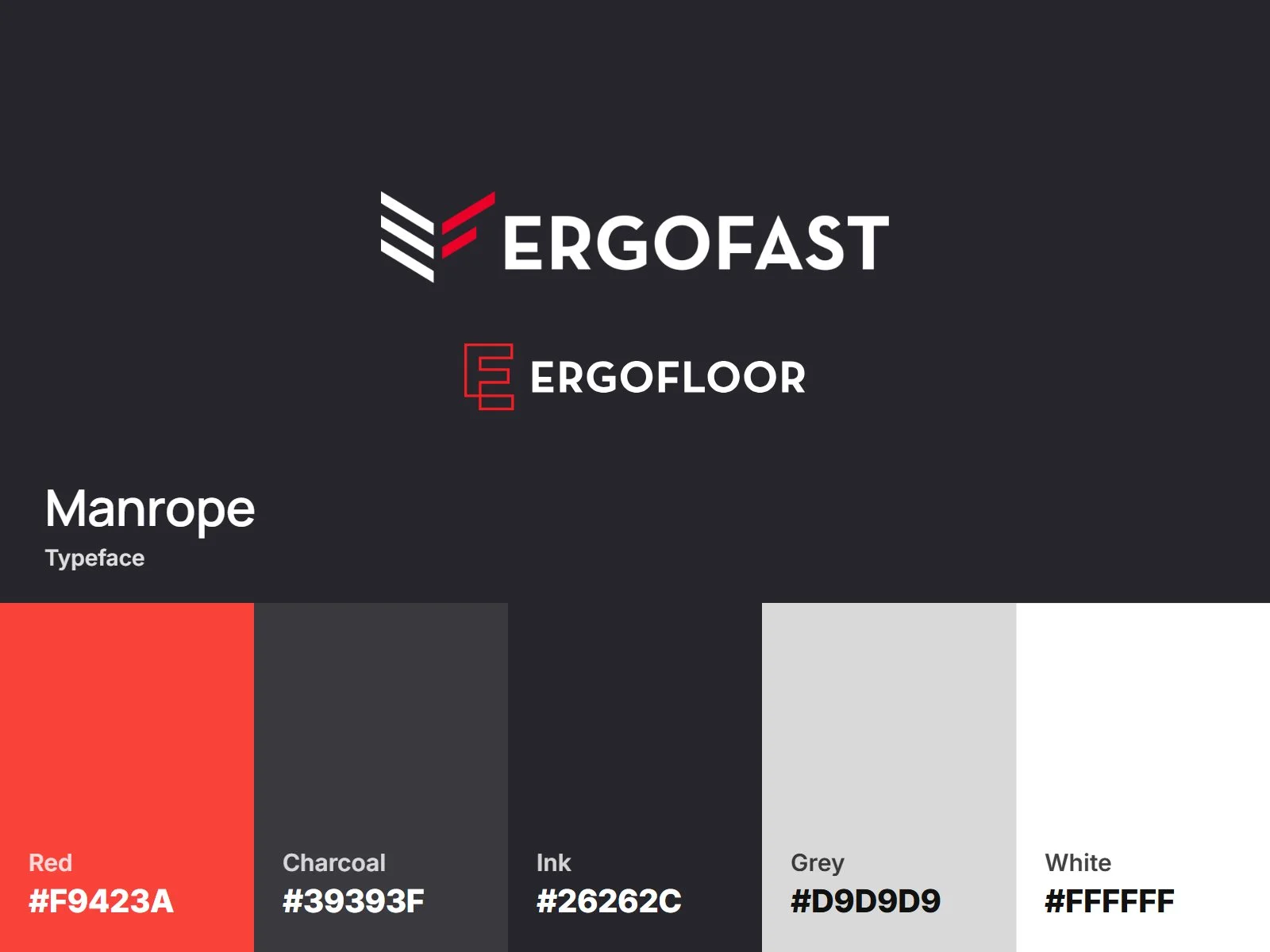 Ergofast Group brand identity: Ergofast and ErgoFloor logos, red and charcoal palette, Manrope type