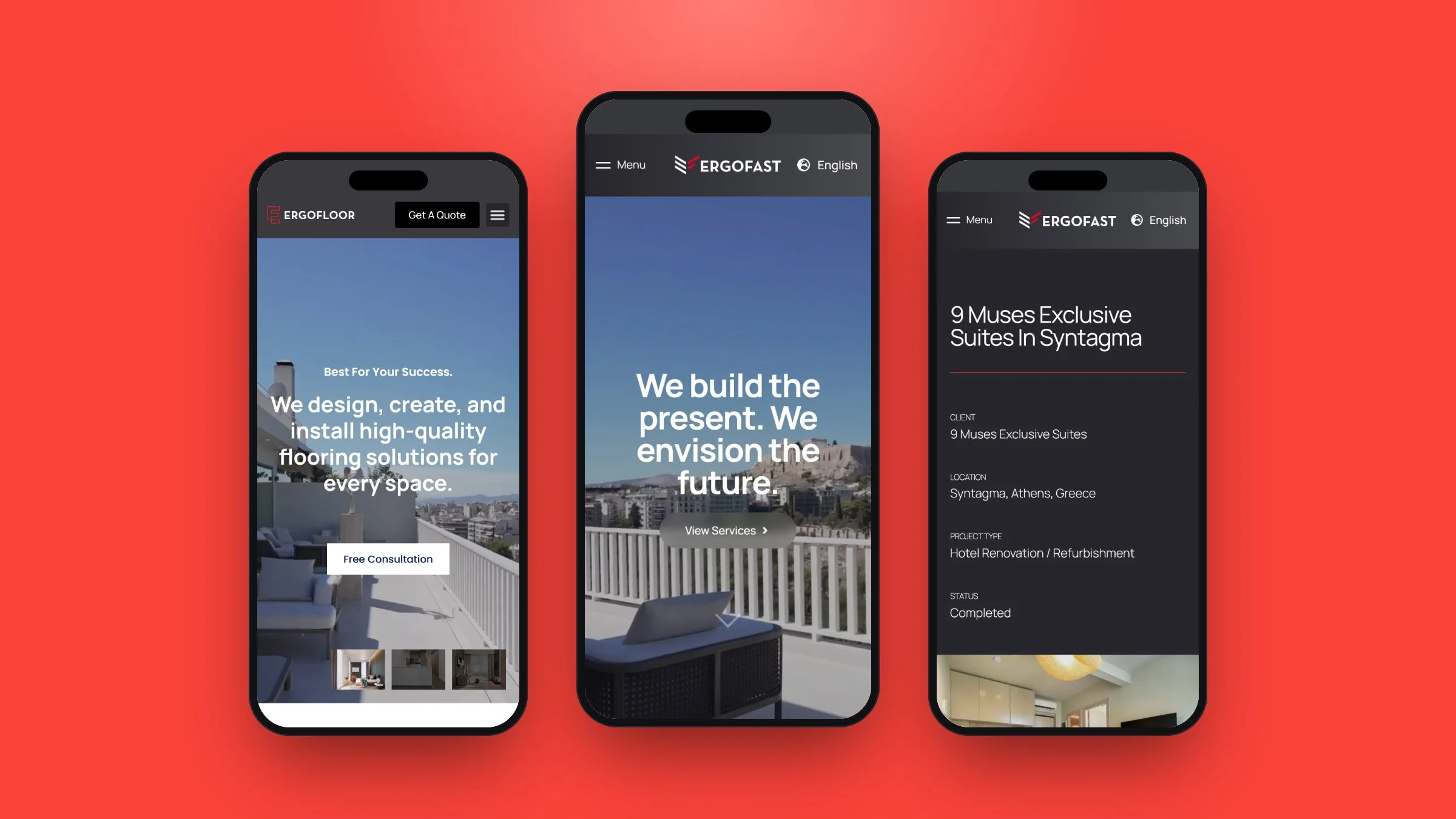 Ergofast Group on mobile: the ErgoFloor home page, the Ergofast home page and a project page
