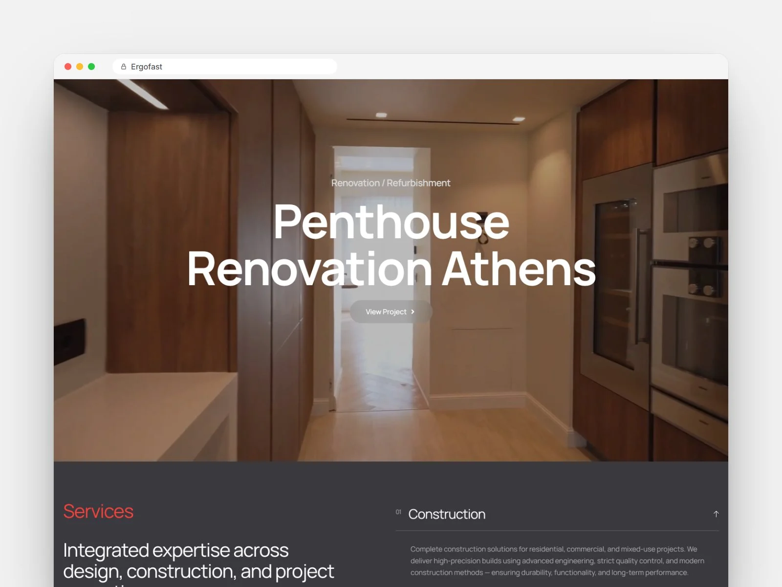 Ergofast home page: a full-screen project story and the list of services