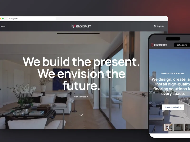 Ergofast construction company website design on desktop and ErgoFloor on mobile, designed and built by RapiX Solutions with HyperFlow Digital