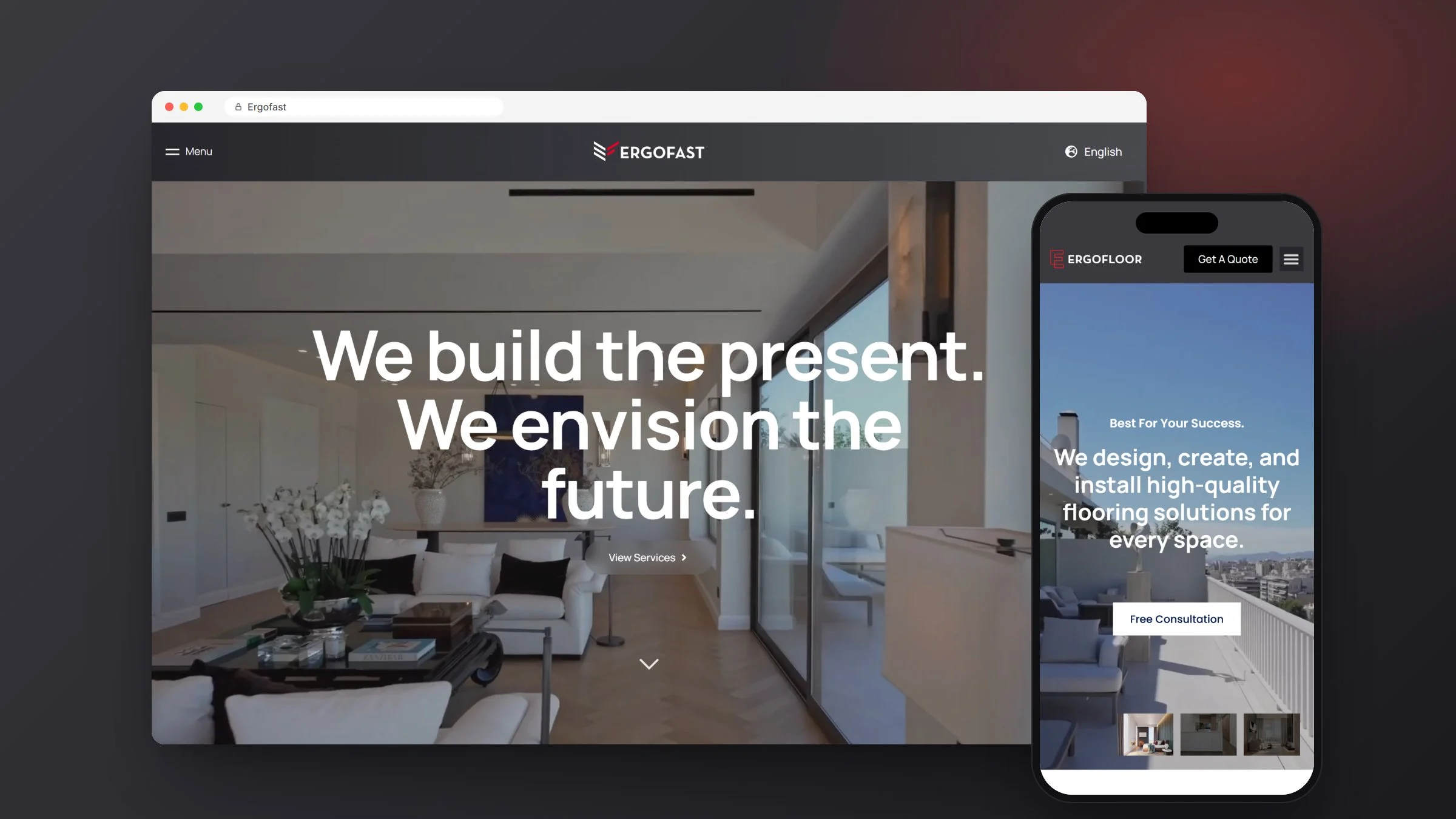 Ergofast construction company website design on desktop and ErgoFloor on mobile, designed and built by RapiX Solutions with HyperFlow Digital