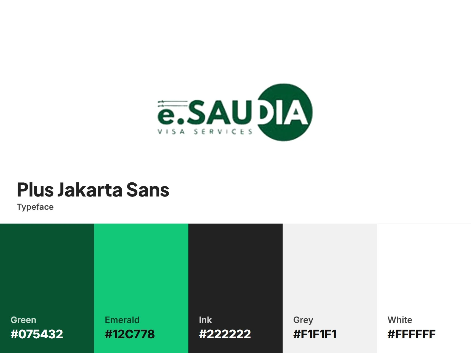 eSaudiaVisa brand identity: wordmark with a round badge, green palette, Plus Jakarta Sans