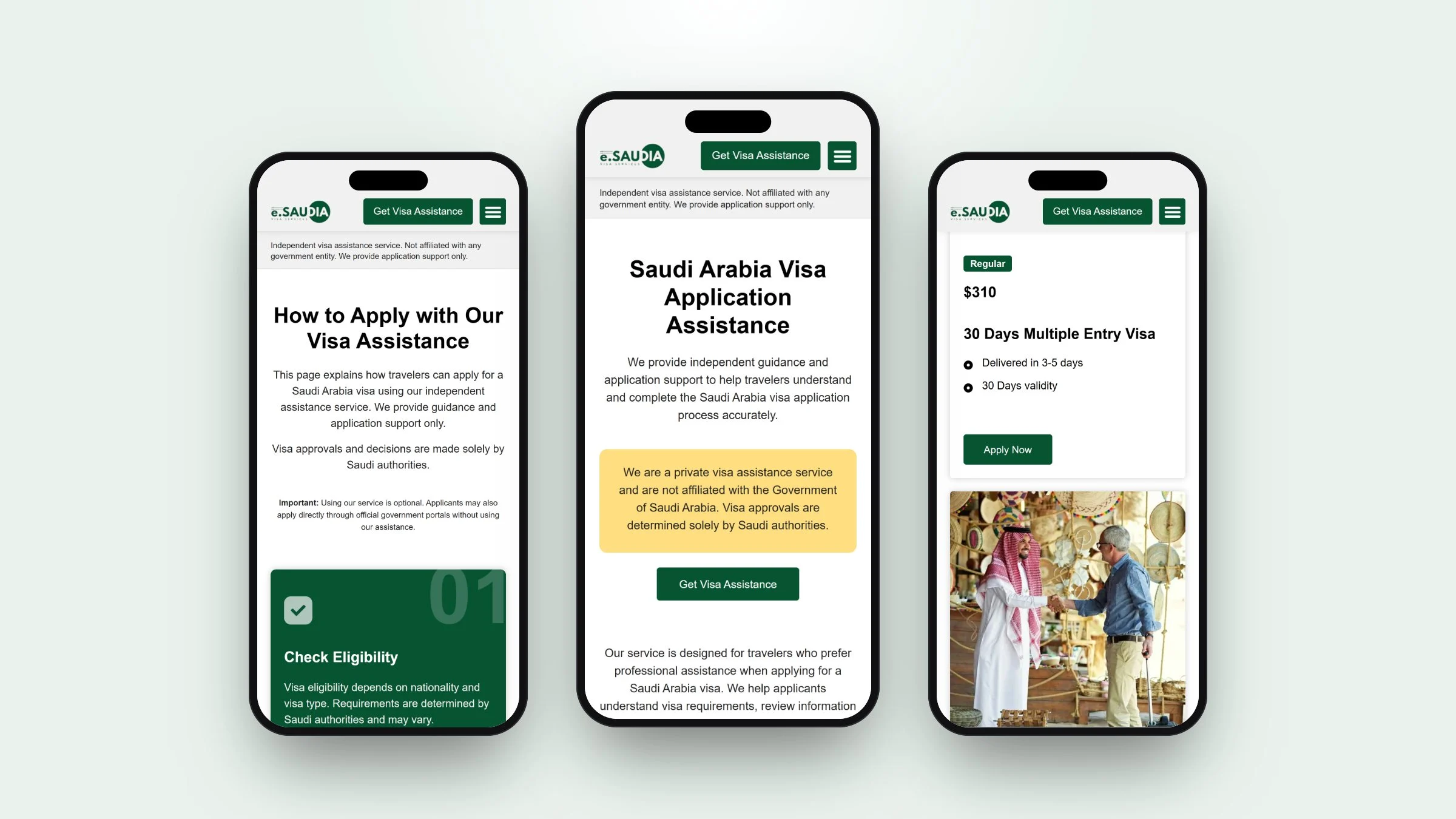 eSaudiaVisa on mobile: how to apply, the home page and the service levels