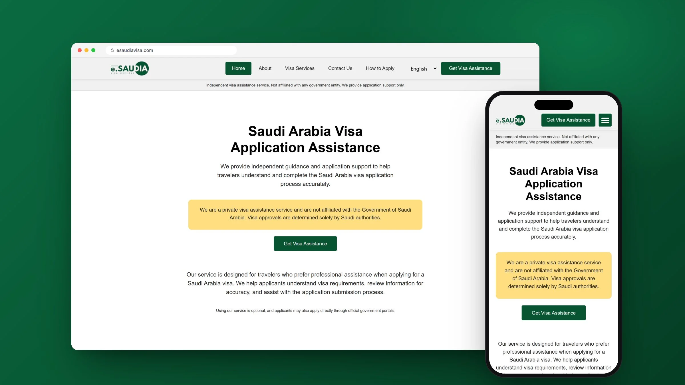 eSaudiaVisa visa services website design on desktop and mobile, designed and built by RapiX Solutions