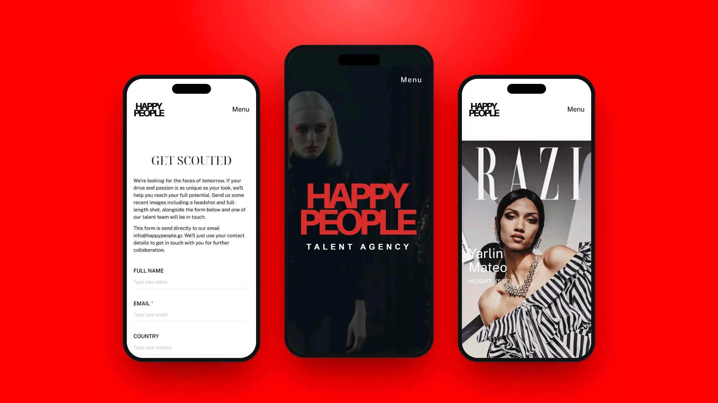 Happy People on mobile: the Get Scouted form, the video home page and a talent profile