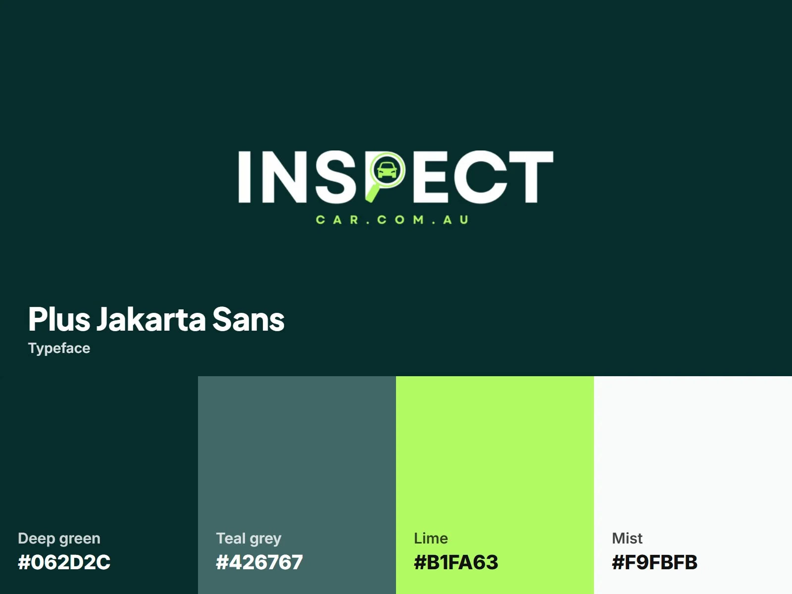 InspectCar brand identity: logo with a magnifier, deep green and lime palette, Plus Jakarta Sans