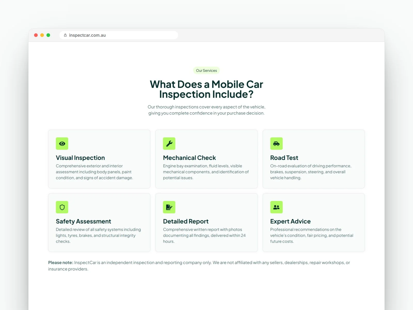 InspectCar section listing what a mobile car inspection includes