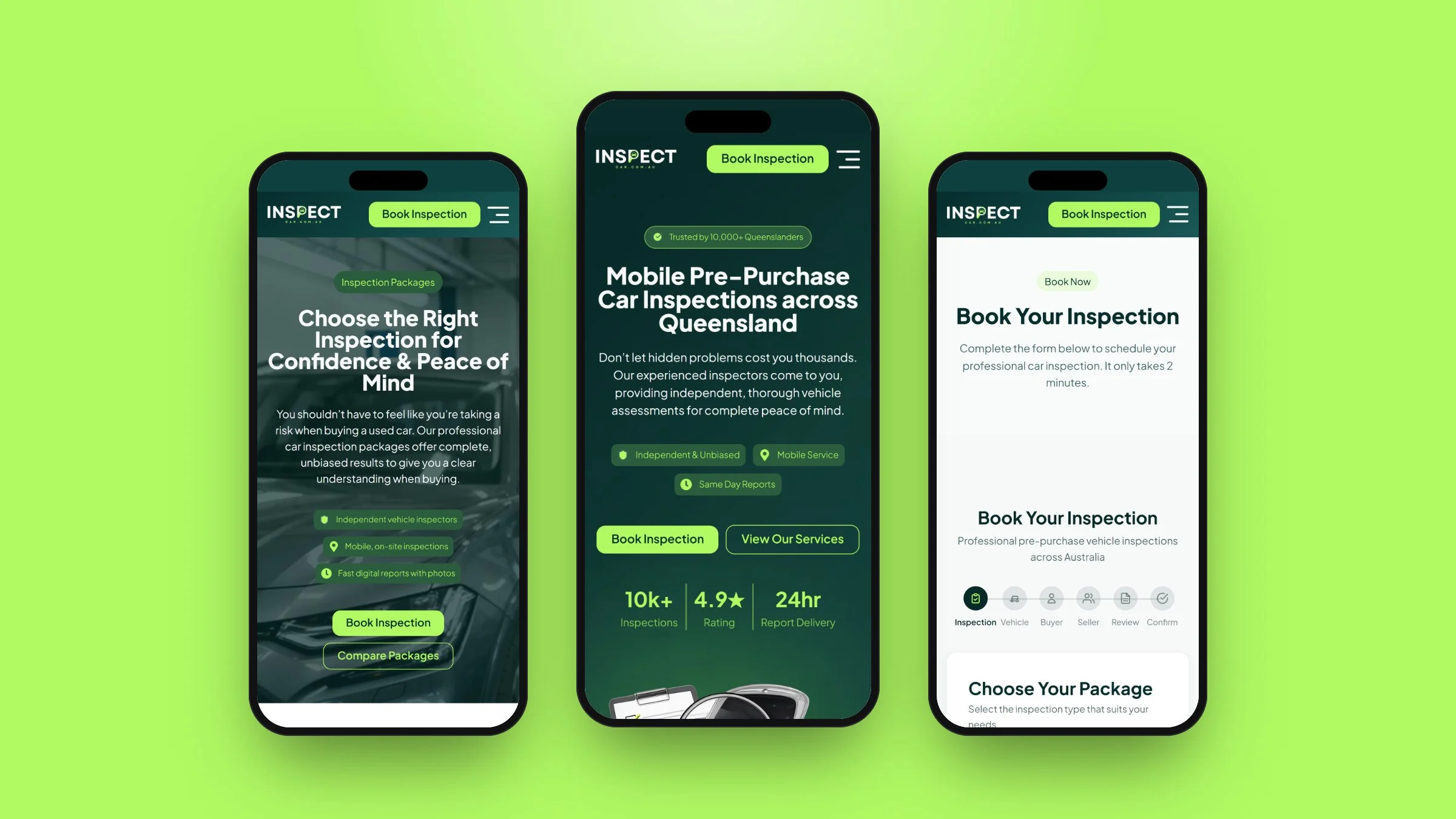 InspectCar on mobile: inspection packages, the home page and the booking form