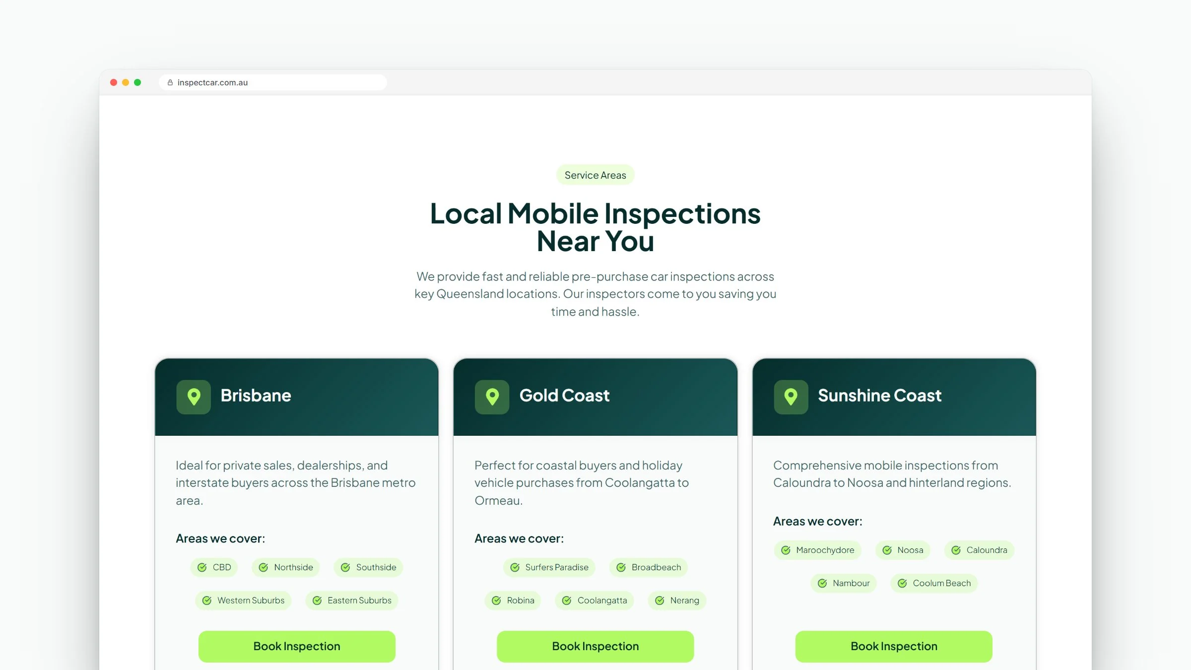 InspectCar service areas: Brisbane, Gold Coast and Sunshine Coast, with the suburbs covered