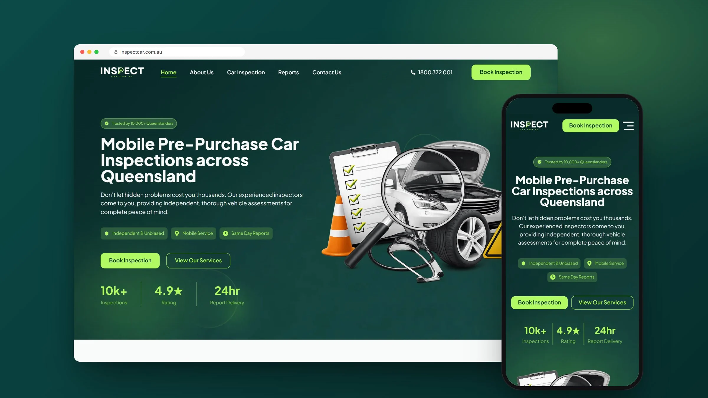 InspectCar mobile car inspection website on desktop and mobile, designed and built by RapiX Solutions